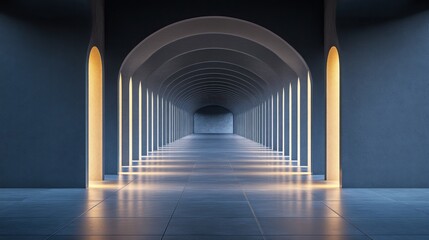 Obraz premium Illuminated arched hallway with glowing entrances.