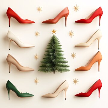 Christmas tree idea creativity concept. Colorful high heels arranged around a festive Christmas tree with stars for a holiday theme.