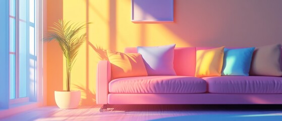  vibrant living room with a pink sofa, colorful cushions, and a plant in a bright setting 