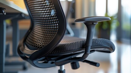 A close-up of a modern ergonomic office chair in matte black with mesh backrest, isolated on a clean surface, showing its detailed design.
