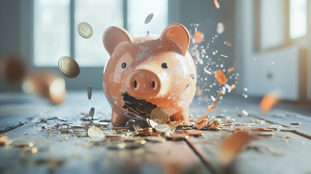 Broken piggy bank with coins scattered around, symbolizing financial struggle and the need for careful budgeting and saving.