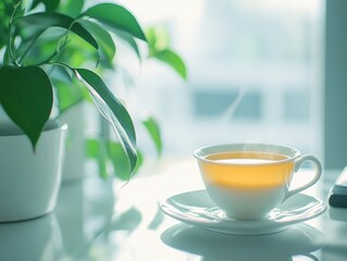  steaming cup of tea beside a green plant on a bright table 