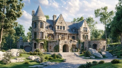 Fototapeta premium Majestic Stone Castle in Verdant Surroundings: A Fairytale Residence