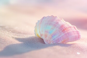  colorful seashell resting on soft sand, capturing the essence of a tranquil beach scene 