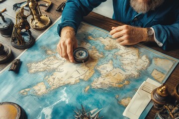 Captain plotting a nautical course on an old map using a compass at a navigation table in a historic setting