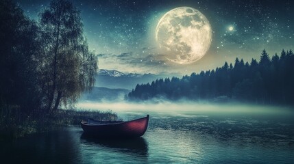 Enchanted Moonlit Lake in a Misty Forest