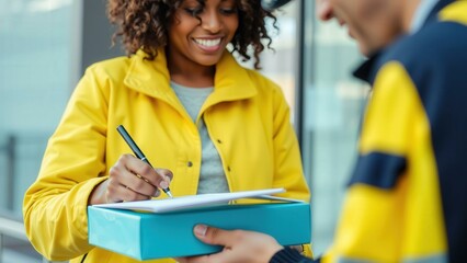 Smiling Woman Signing for Package Delivery in Bright Yellow Coat