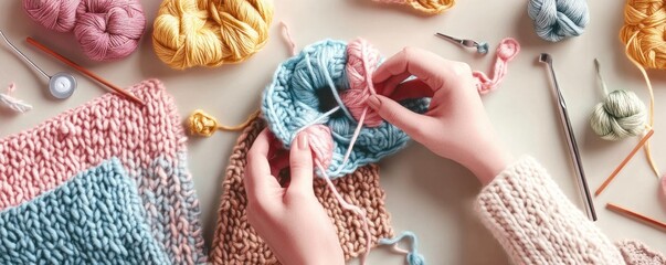 A person crafts with colorful yarn, showcasing knitting and crochet materials.