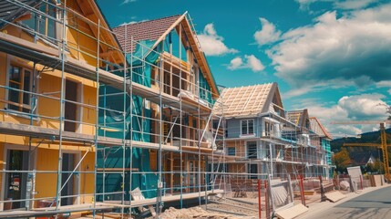 Exterior view of a new house in scaffolding under construction and painting.