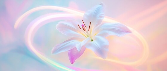  delicate white lily surrounded by soft pastel colors and swirling light 