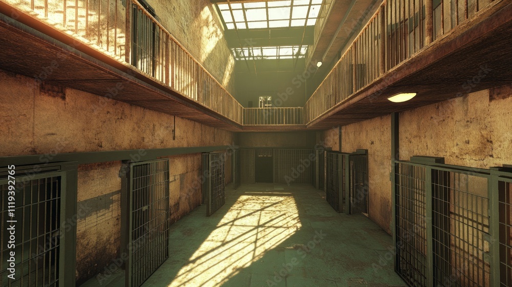 Aufkleber a haunting view reveals a deserted corridor within an old prison, sunlight streaming through a skyli