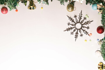 Season's greetings scene. Christmas decorations,gift boxes with red ribbons, сhristmas balls, ...