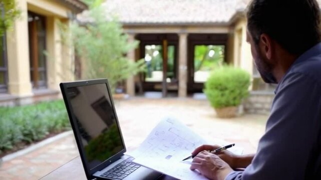 Medium Shot of Landscape Architect Integrating Outdoor Seating Plans with Shaded Courtyard Background