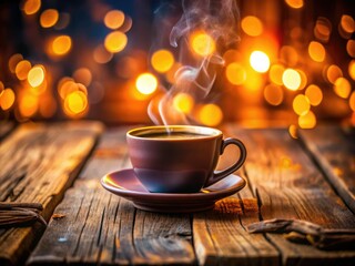 Obraz premium Tilt-Shift Coffee Photography: Miniature Wooden Table Coffee Cup