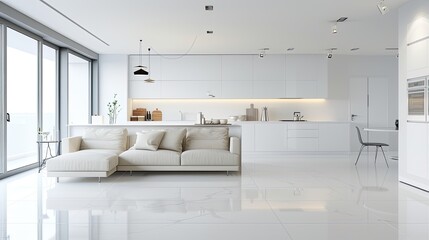Modern kitchen and modern living room in white interior design.
