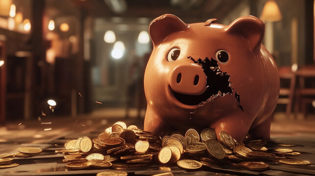 Broken piggy bank with coins scattered around, symbolizing financial struggle and the need for careful budgeting and saving.