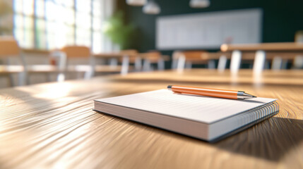 Fototapeta premium notebook and pen on wooden desk in classroom setting, with natural light illuminating space, creating warm and inviting atmosphere
