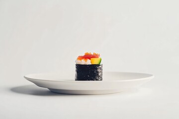 Artistic Close-up of Sushi Roll on Elegant Plate Against White Background