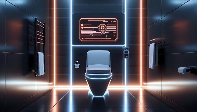 Futuristic Smart Bathroom Interior Design Neon Lights Modern Toilet Technology