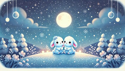 A Cozy Winter Nighttime Scene Featuring Two Adorable Rabbits Gazing at the Sparkling Snow Under a Starry Sky, Inspired by Storybook Charm