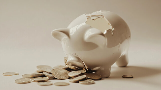 Broken piggy bank with coins scattered around, symbolizing financial struggle and the need for careful budgeting and saving.