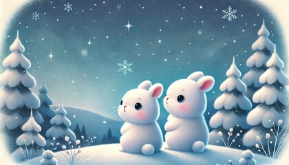 Obraz premium A Serene Winter Night Scene with Two Rabbits in a Snowy Landscape