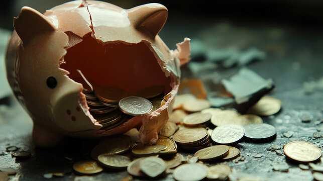 Broken piggy bank with coins scattered around, symbolizing financial struggle and the need for careful budgeting and saving.