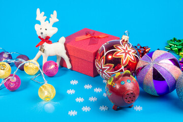 New Year backgrounds. Christmas ornaments and decorations. New Year symbols. Santa Claus. Snowman. Winter fairy tale backgrounds. Elegant holiday tree.