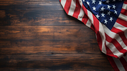 Obraz premium Banner with Copy Space and American Flag Elements, on dark wooden background. 4th July, USA Independence Day background concept