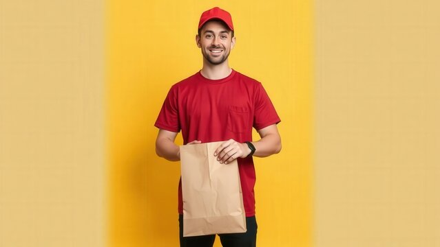 Smiling Delivery Man Holding Paper Bag, Perfect for Advertising Delivery Services, Food Delivery, and Customer Satisfaction