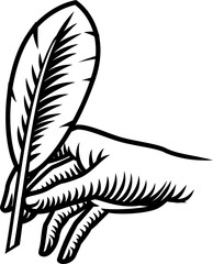 Obraz premium Hand And Old Quill Feather Pen Writing Engraving