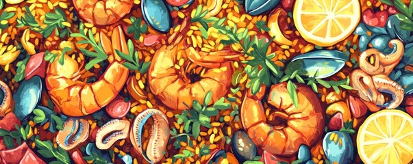 A colorful seafood paella with shrimp, mussels, and lemon slices, garnished with herbs.