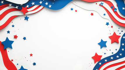 Banner with Copy Space and American Flag Elements, on white background. 4th July, USA Independence Day background concept, paper cut style