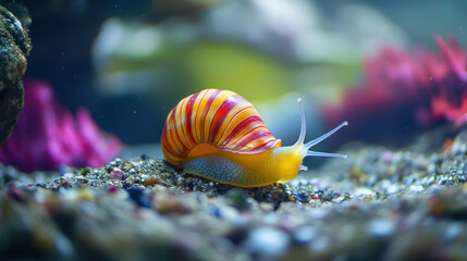 Colorful snail crawling on ocean floor among vibrant coral. Its unique shell features bright stripes, creating striking underwater scene filled with marine life