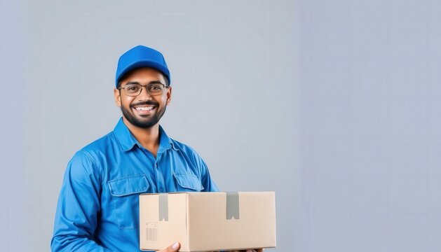 Smiling Delivery Man Holding Package - Ideal for Logistics, Delivery Services, and E-commerce Marketing