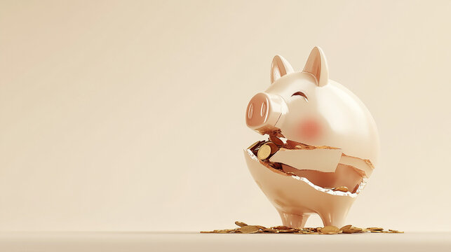 Broken piggy bank with coins scattered around, symbolizing financial struggle and the need for careful budgeting and saving.