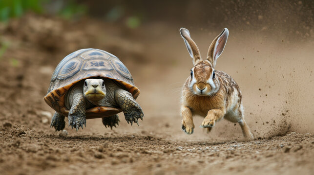 tortoise and hare race in lively competition, showcasing contrasting speeds of two animals. scene captures excitement and determination of both creatures as they navigate dirt path