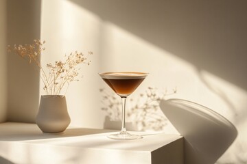Elegant cocktail on a minimalist table with soft natural lighting