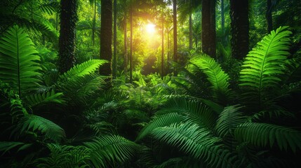 Obraz premium Lush green jungle scene with sunlight breaking through canopy.
