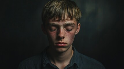 Fototapeta premium In a dimly lit space, a young person stands with eyes closed, showcasing the visible effects of illness. Their pale complexion and vulnerable expression evoke a deep sense of empathy and reflection