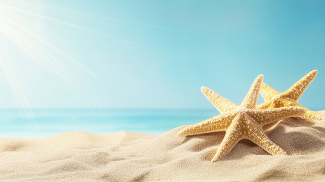 Two starfish on sandy beach with ocean in background, capturing serene summer vibe. sunlight enhances beauty of scene, inviting relaxation