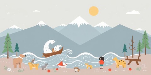 Naklejka premium Mountains and waves in a Scandinavian style illustration with playful animals and trees, vector, waves