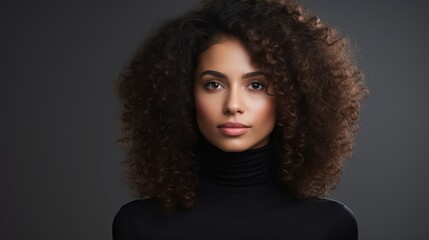 Fototapeta premium A woman with voluminous curly hair wearing a black turtleneck, embodying timeless beauty and poise in a minimalist portrait.