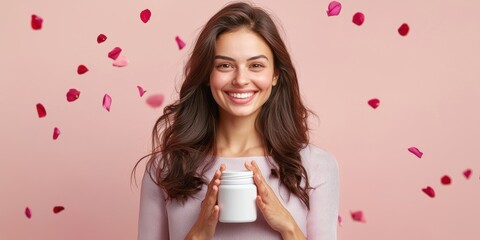 young indian woman holding jar of dietary supplement