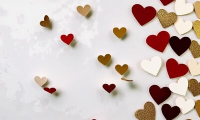 Cascade of colorful hearts falling with graceful motion on white background.