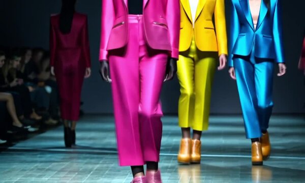 Vibrant fashion show: models strut in bold pink, yellow, and blue suits on runway.