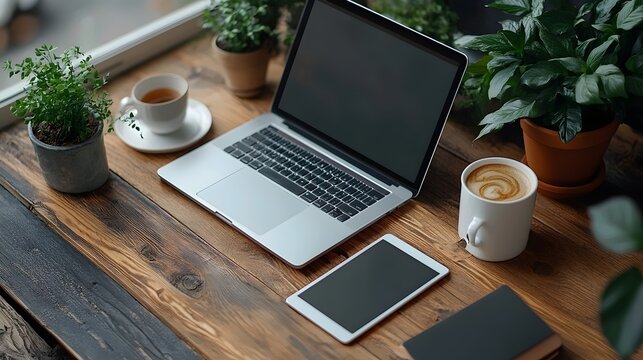 A laptop and tablet are on a wooden desk with a cup of coffee