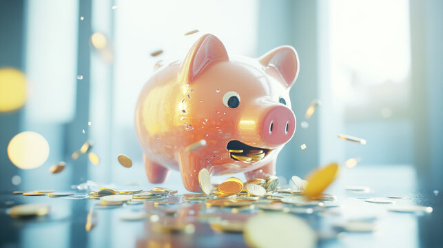 Broken piggy bank with coins scattered around, symbolizing financial struggle and the need for careful budgeting and saving.