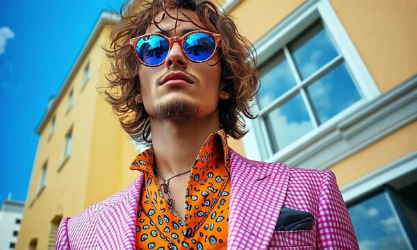 Vibrant young fashion icon strolling in trendy urban setting with style.