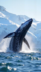 Fototapeta premium Whale Breaching in the Ocean with a Clear Blue Sky
